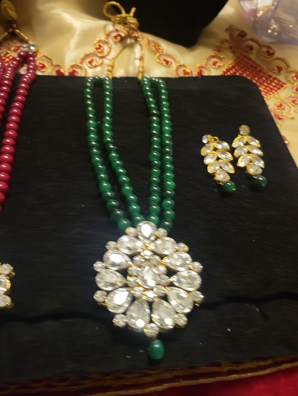 Green Beaded Statement Necklace with Crystal Pendant and Matching Earrings - Picture 3 of 3